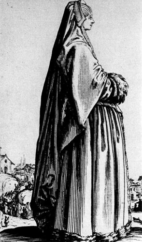 258. Зимняя одежда этой пожилой женщины состоит из жилета, широкой юбки, окаймленной мехом, меховой муфты и плаща, прикрывающего также голову. 