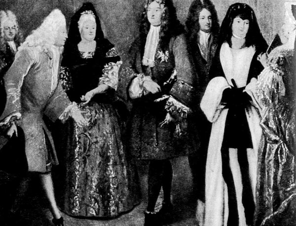 293. Луи де Сильвестр, Людовик XIV принимает саксонского курфюрста. Музей, Версаль. Церемониальный придворный костюм из парчи, бархата и кружев. 