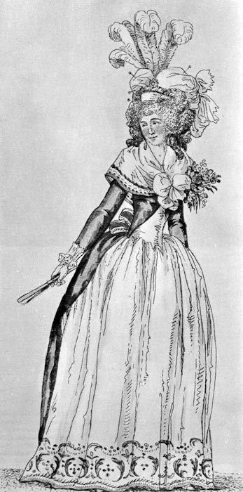 324. Из французского модного журнала, 1791 г. Вечернее платье. В то время перья были излюбленным украшением и для дневных платьев. 