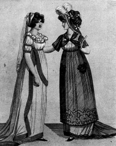 359. «Зэ Лейдиз Мэгэзин» (The Ladies Magazine), 1800 г. Эти английские шмизы украшены лентами и воланами. 