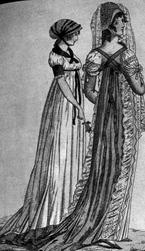 360. Из модного журнала, 1801 г. У вечерних платьев того времени ниспадающие линии, пояс высоко завязан. 