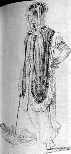 373. Из английского модного журнала, 1809 г. Легкая пелерина составляет дополнение к платью из прозрачной ткани, которое достигает щиколотки. 