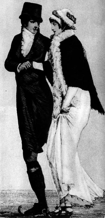 375. Боязливая конькобежка. «Лз Мезанжер» (La Mesangere), Париж, 1800 г. Спортивный костюм эпохи ампир не отличается от выходных костюмов. 