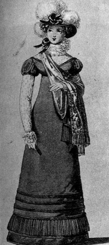 402. «Винер Моден», 1819г. Шляпа со страусовыми перьями, выходное платье из темной ткани  с декольте и короткими присборенными рукавами обязательно дополнялось кашемировой шалью. 