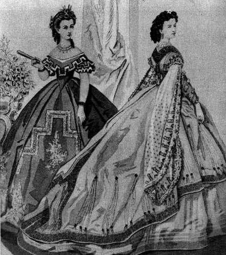 432. Из английского модного журнала, 1864 г. У бальных платьев широкие кринолины со шлейфами. 