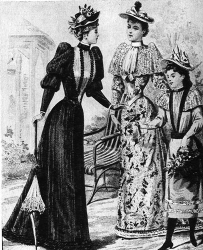  462. «Журнал де демуазель», 1892 г.Те же линии видны и на выходных платьях, дополненных маленькими шляпками и кружевными зонтиками. 