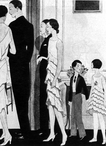 499. «Вог», 1926 г. Модель Ланвэн. Вечернее платье ассиметричного покроя, вырез обнажает одно плечо. Также косо положены воланы на платье. Подобные оборки видим и на детских платьях. 