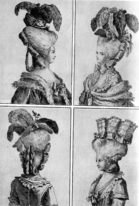 535. Из модного журнала. Прическа конца XVIII века должна была делать фигуру более высокой с помощью перьев, цветов и лент на темени головы. 
