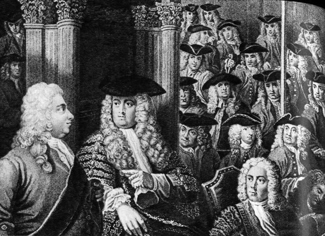 623. Уильям Хогарт, Нижняя палата. Гравюра на меди. Группа вельмож в треуголках на напудренных париках «алонж». 