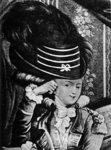 627. «Военное великолепие». Анонимная гравюра, около 1781 г. Неоднократно в истории мода попадала под влияние униформы. В конце XVIII века молодые девушки носили на парике шляпу с перьями и жакет с эполетами. 