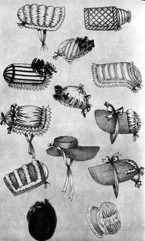 633. Из модного журнала, около 1806 г. В эпоху ампир носили низкие удлиненные чепцы, украшенные лентами, плиссированными полосками материи или искусственными цветами. 