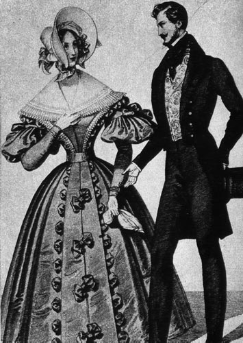 644. «Винер Моден», 1836 г. Еще в 40-е годы шляпы «шуте» носят к платьям для прогулок с широкими рукавами и тонкой талией. Мужчины носят фрак и цилиндр. 