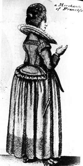 687. Вацлав Голлар, Женщина из Франкфурта. Гравюра. На супруге франкфуртского купца меховая шляпа, широкий воротник на жилете с короткими полами и широкая юбка. 