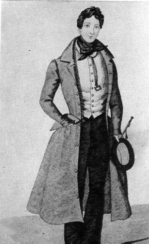 709. Эскизы костюмов из «Театерцайтунг», 1831 г. На мужчине в рединготе галстук с короткими концами, повязанный вокруг шеи два раза; на шнурке висит монокль. 