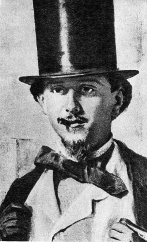 711. Доменико Морелли, Портрет художника Челонтано. Фрак с белым жилетом дополняет черный, завязанный на бант галстук и цилиндр. 
