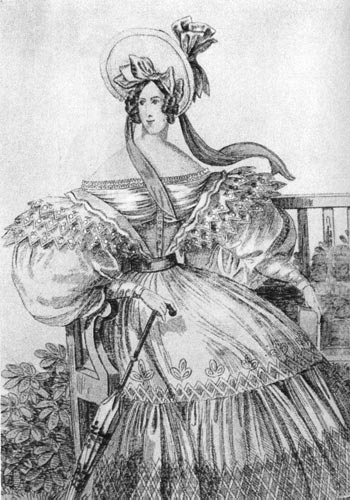 724. «Винер Моден» (Wiener Moden), 1832 г. Рукава-гиго нашиваются прямо на широкий вырез, ниспадают с плеч и сужаются только в запястье. 
