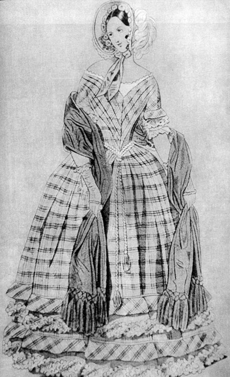 748. Из английского модного журнала, 1841 г. В сороковые годы шарф также очень моден, на этот раз одноцветный, как дополнение к популярному клетчатому кринолину. 