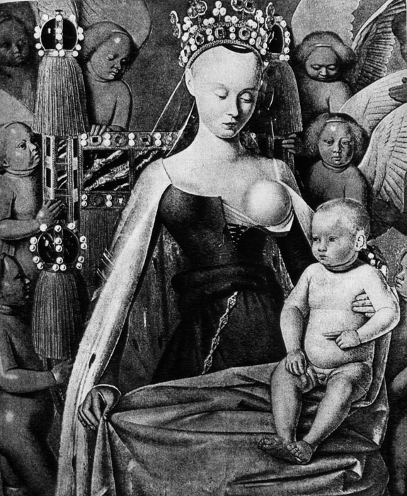 762. Жан Фуке, Дева Мария, Королевский музей изящных искусств, Антверпен. Мадонна изображена в готической одежде с лифом на шнуровке, из под которого видна рубашка, и в накидке, подбитой горностаем. На голове у нее золотая корона с вправленными драгоценными камнями. 