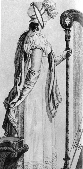 788. «Костюм паризьен», 1809 г. Соломенная шляпа дополняет платье с декоративной каймой. 