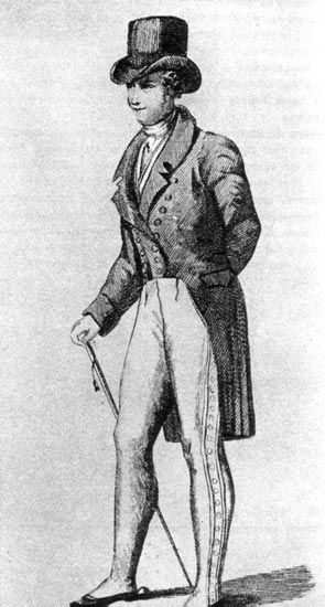 826. Из «Моддом» (Modes d'homme), 1809г. В начале XIX столетия фрак изменился очень незначительно. Брюки иногда украшаются лампасами с пуговицами по всей длине, которые являются предшественниками галунов, появившихся около 1820 г. К этому костюму носят низкие туфли и неизбежную трость. 