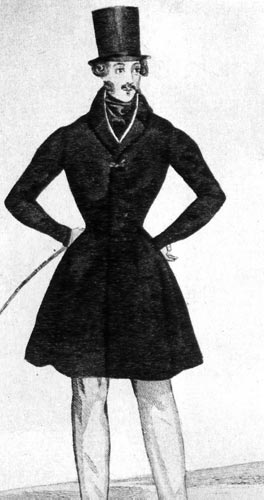 831. Из «Мод де Пари» (Modes de Paris), 1840 г. Фрак сороковых годов в поясе несколько присборен, костюм дополняет черный жилет и светлые брюки. 