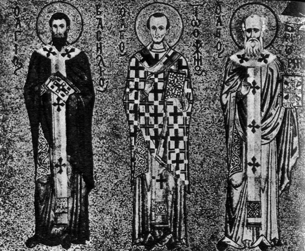 837. Греческие и латинские священники. Мозаика, после 1148 г. Кафедральный собор в Цефалу. Священники в ризах с паллиумом, которое надевалось поверх туники. 