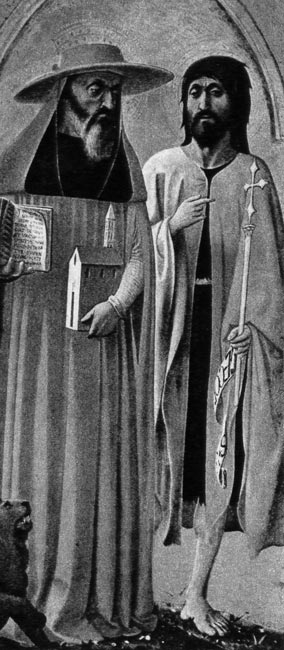 846. Мазолино, Св. Иоанн Креститель и св. Иероним. Часть алтарной росписи. Национальная галерея, Лондон. На Иерониме - шляпа и накидка, называемая «каппа магна», на Иоанне Крестителе - короткая накидка без всяких украшений. 