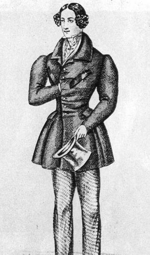 852. «Мод дом» (Modes d'homme), 1828 г. Пиджак «сак» 20-х годов прошлого столетия притален  в поясе и расширен в боках. Рукава от плеча тоже расширены. 