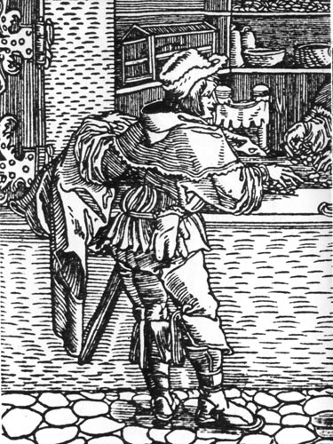 857. «Меняла». Нюрнбергская гравюра, 1539 г. На немецком горожанине подпоясанный жакет, на голове-шапка. 