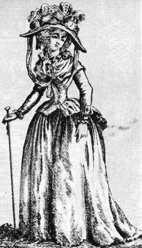 860. «Модеальманах», 1786-1788 гг. На даме более всего бросается в глаза чрезмерно декорированная шляпа. Жакете полами (сагасо) плотно облегает фигуру, юбка на кринолине. В качестве аксессуара в рукаху дамы трость. 