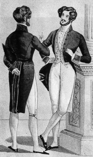 873. Из модного журнала около 1840 года. Вечерний фрак украшен каймой и носится с короткими брюками чуть ниже колен.