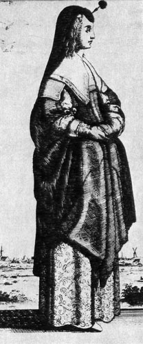 938. Вацлав Голлар, Женщина из Антверпена по дороге в город. Особым типом гойке является тип гойке, прикрепленная на лбу кружком, часто с украшением из перьев. 
