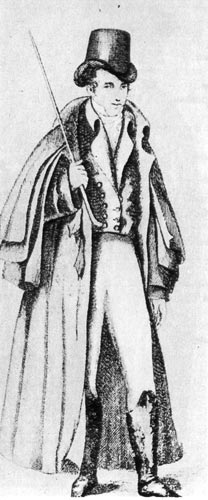 950. «Мод дом», 1811. Элегантный мужчина в фраке, плаще «каррик», цилиндре и с тростью. 