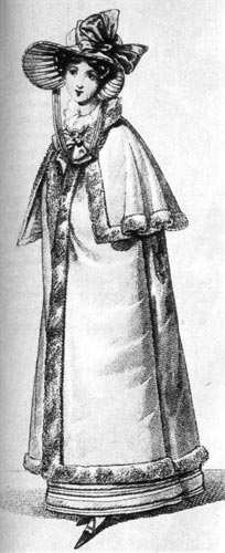952. «Винер Моден» {Wiener Moderi), 1823 г В XIX веке популярностью пользовался «гавелок» - плащ без рукавов с пелеринкой. В данном случае он отделан мехом. 