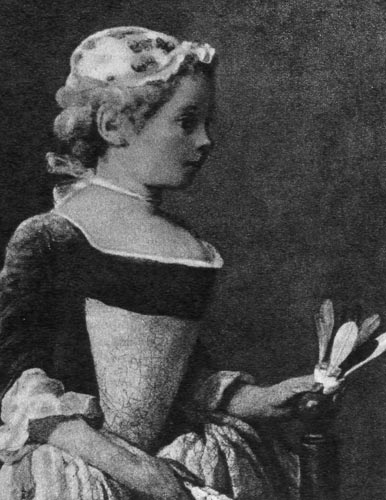 977. Жан Батист Симеон Шарден, Девочка с ракеткой. Частное собрание, Париж. Девочка одета в спортивный костюм: чепчик и декольтированное платье с передником. 